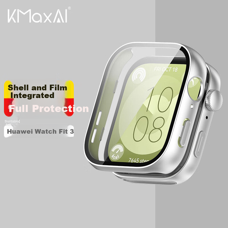 KMaxAI Protective Film And Case for Huawei Watch Fit3, All-In Full Coverage, Watch Face Screen Protector & Protective Cover, Anti-Fingerprint Hard Shell + Tempered Glass Film, Matte Silver