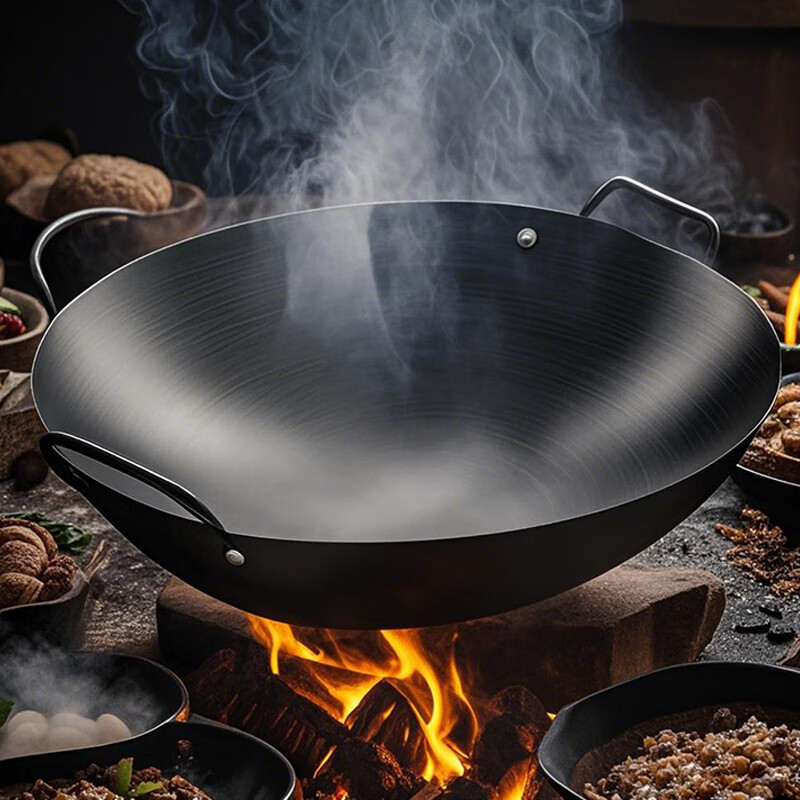 Quanshi Double-Handled Commercial Large Iron Wok, Non-Coated Non-Stick Frying Pan, Gas Stove Wok for Restaurants And Cafeterias, Round Bottom Stir-Fry Pan, 55cm