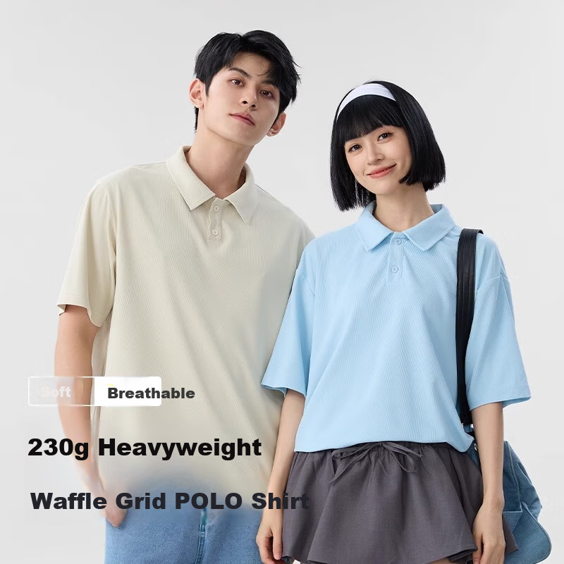 Baleno Waffle-Knit Short-Sleeve Polo Shirt for Men, Summer Collared Trendy Casual Textured Loose Breathable Heavyweight Short-Sleeve Shirt