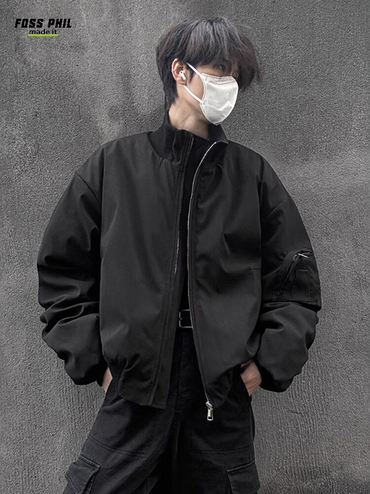 Foss Phil Men's Flight Jacket, Spring And Autumn American High Street Style, Versatile Short Baseball Coat, JK001 Black L 15