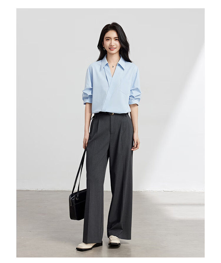 Bodexiaojie Blue Stylish Luxury V-Neck Shirt for Women, Summer Commute Short-Sleeve Top, Professional Petite Interview Blouse, XL 8