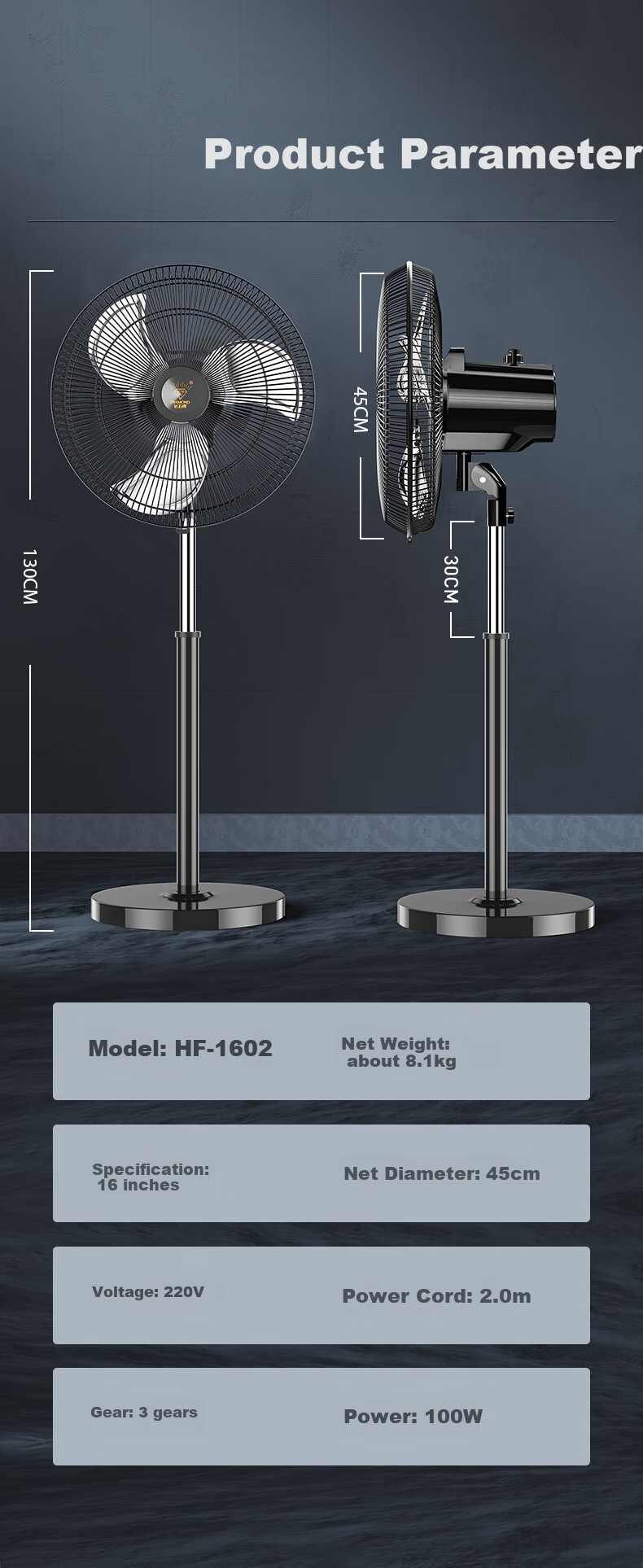DIAMOND Industrial Fan, Floor Fan for Home Use, Standing Electric Fan with Strong Airflow And Oscillation, Powerful Electric Fan for Living Room, Commercial Use in Factories And Workshops, Aluminum Blades, Commercial Fan HF1602A 11