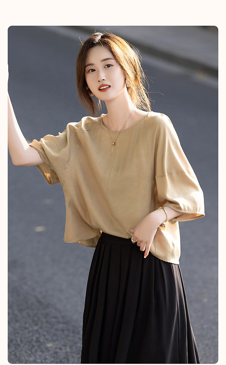 Dme [Monet Garden] Summer Lightweight Breathable Silk Blend Shirt, Round Neck, Loose Fit, Comfortable, Slimming Blouse Top 2