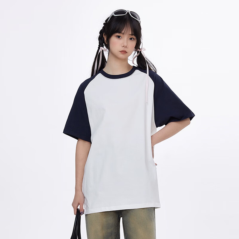 Ziyouxi American-Style Trendy Short-Sleeve T-Shirt for Women, 2026 Summer New Vintage Loose Navy Blue Top, Round Neck Patchwork Half-Sleeve