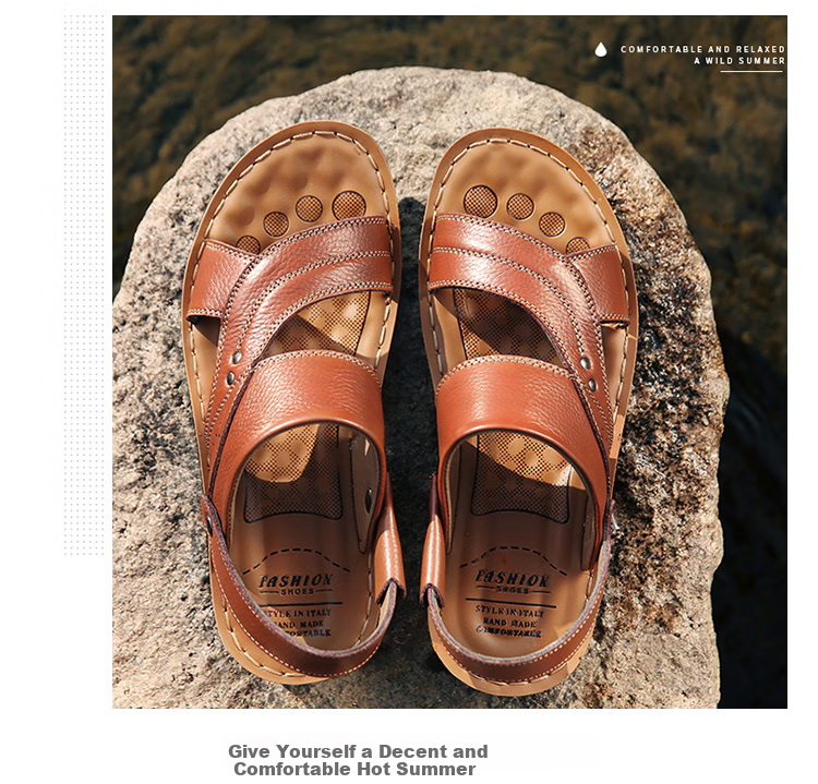 EGCHI Men's Sandals, Outdoor Slippers, Top-Grain Leather, Breathable Beach Shoes, 12129 Brown, Size 39 17