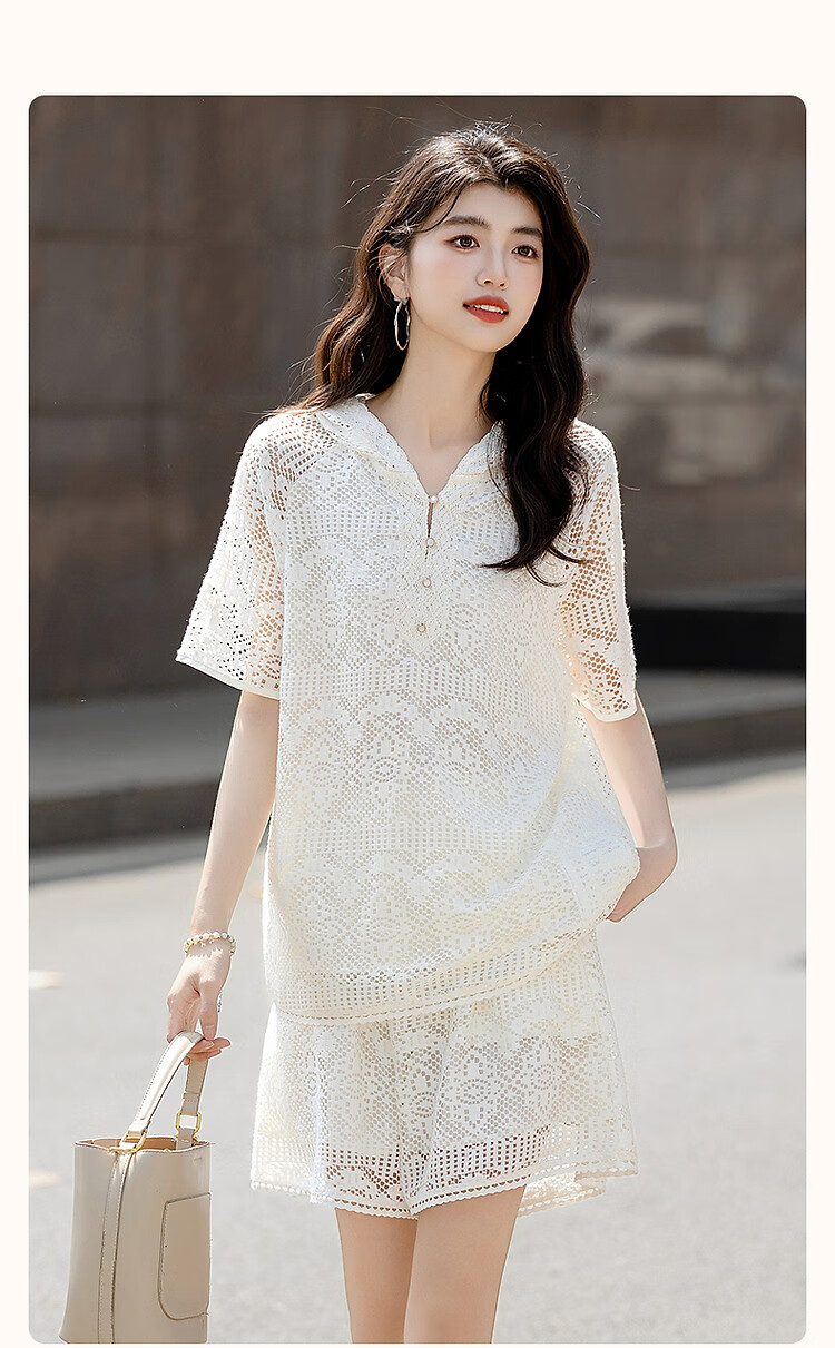Demana Lace No-Fail Summer Hooded Lace Ribbon Top and Hollow Jacquard Pants Women's Two-Piece Set 2