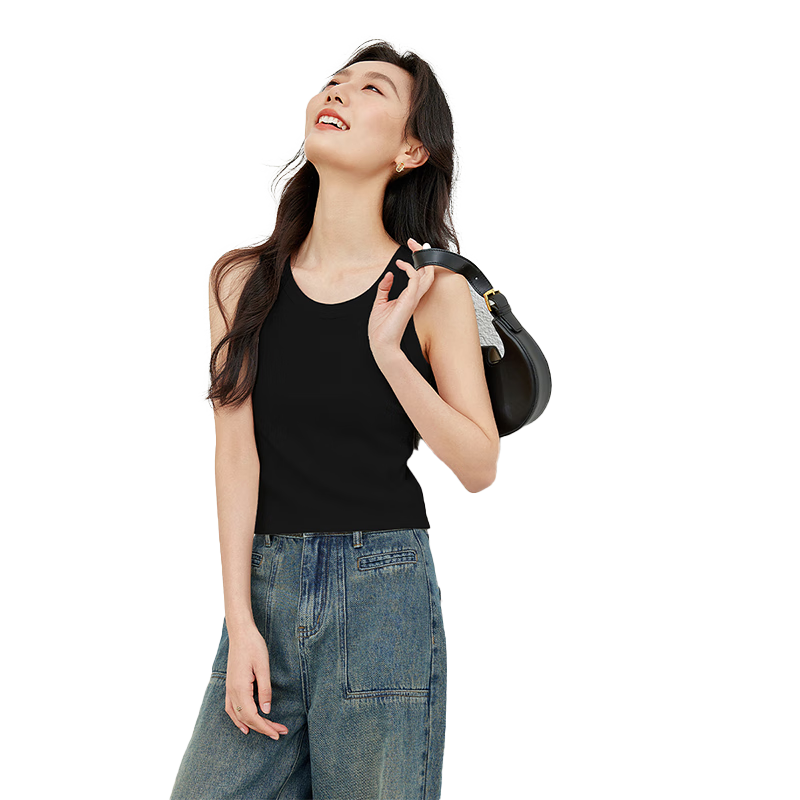 Fansiman White Tank Top Women's Inner Wear 2026 Summer Outer Wear Slim Fit Knitted Shirt Black M