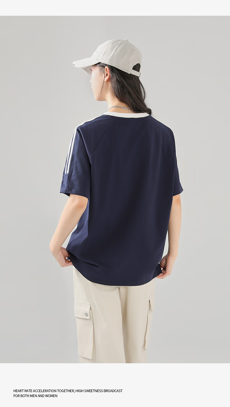Jeanswest Women's Striped Short Sleeve T-Shirt Spring Summer New Two-Stripe Raglan American Style Cotton Loose Colorblock T-Shirt 17