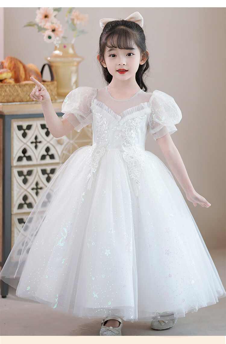 LUOBOBEIBEI Girls' Princess Dress, Summer 2025 Performance Costume, Children's White Dress, Tulle Puffy Skirt, White, Size 130 3