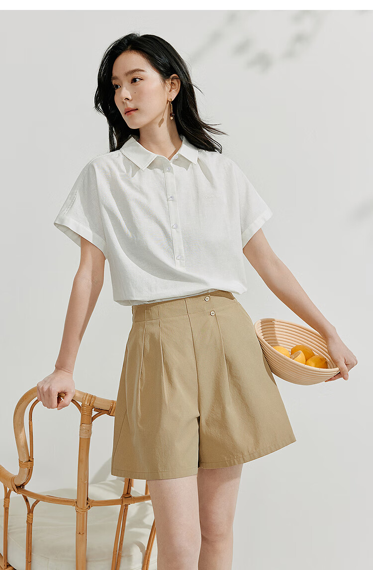 INMAN Linen Simple Commuter Shirt, Summer Women's Wear, Versatile French Style Loose Slimming Short-Sleeve Blouse, Pearl White, S 9