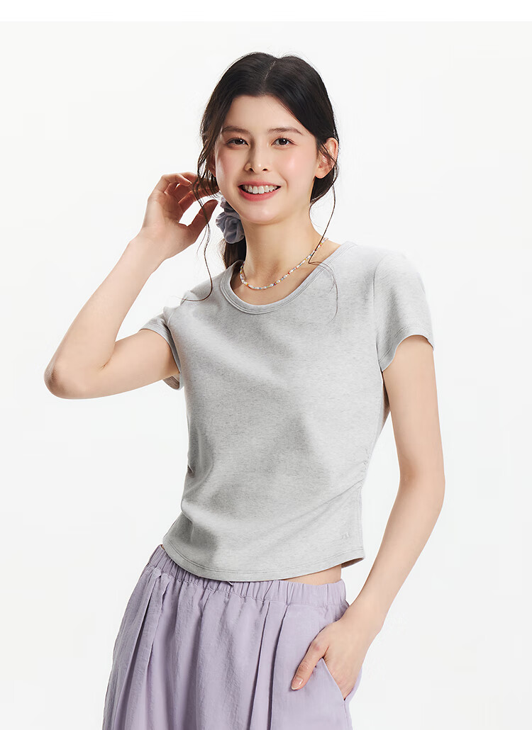 Semir Short-Sleeve T-Shirt for Women, Cropped Slim-Fit Round Neck Undershirt, Summer Cool Waist-Cinching V-Neck Top, Hot Girl Style 109326100003 15