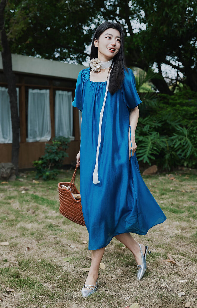 Demana Vintage Small Rose Summer Lightweight Glossy Lyocell Square Neck Ruffle Sleeve Belted A-Line Women's Dress 11
