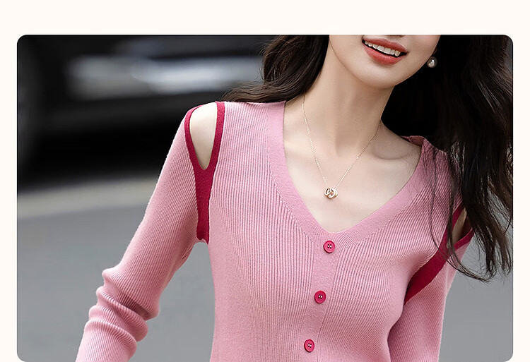 Dme [Soft Cloud Feel] Summer French Off-Shoulder V-Neck Sweater, Hollow-Out Contrasting Color Long-Sleeve Comfortable Knit Top for Wome 4