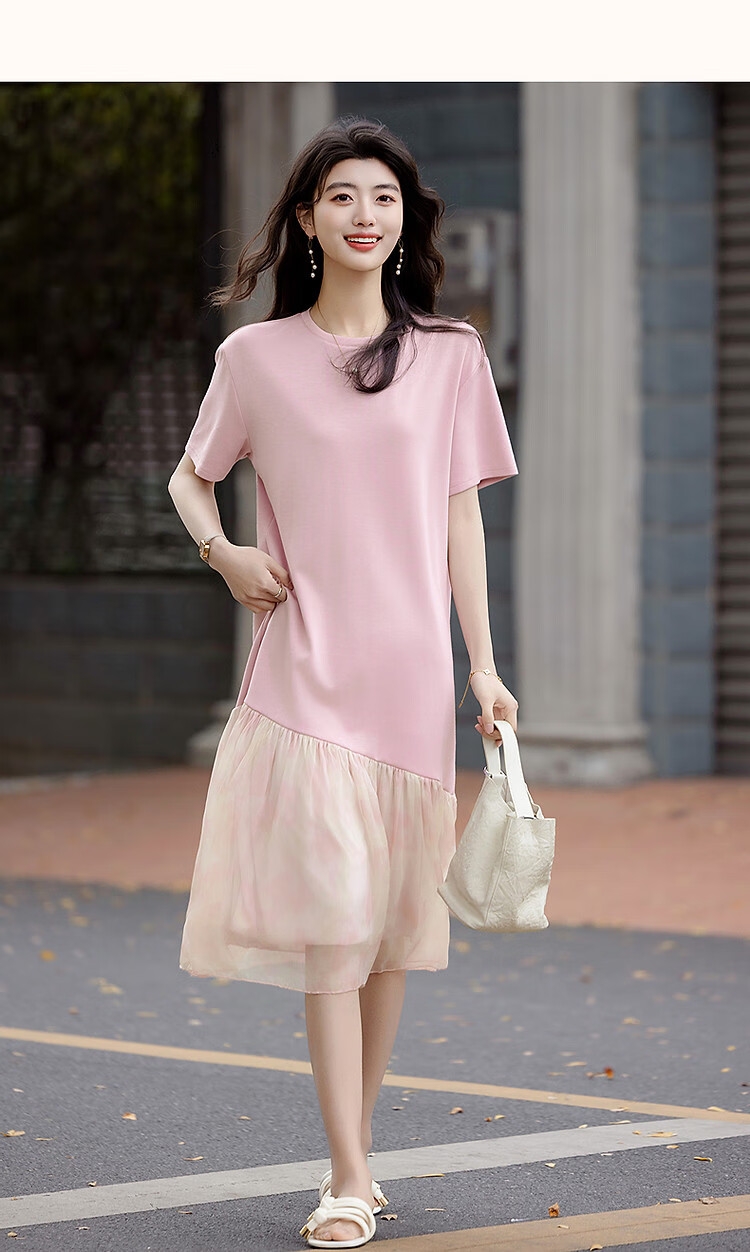 Demana Weekend Casual Summer French Style Round Neck Loose Waist Short Sleeve Printed Patchwork T-Shirt Dress for Women 11