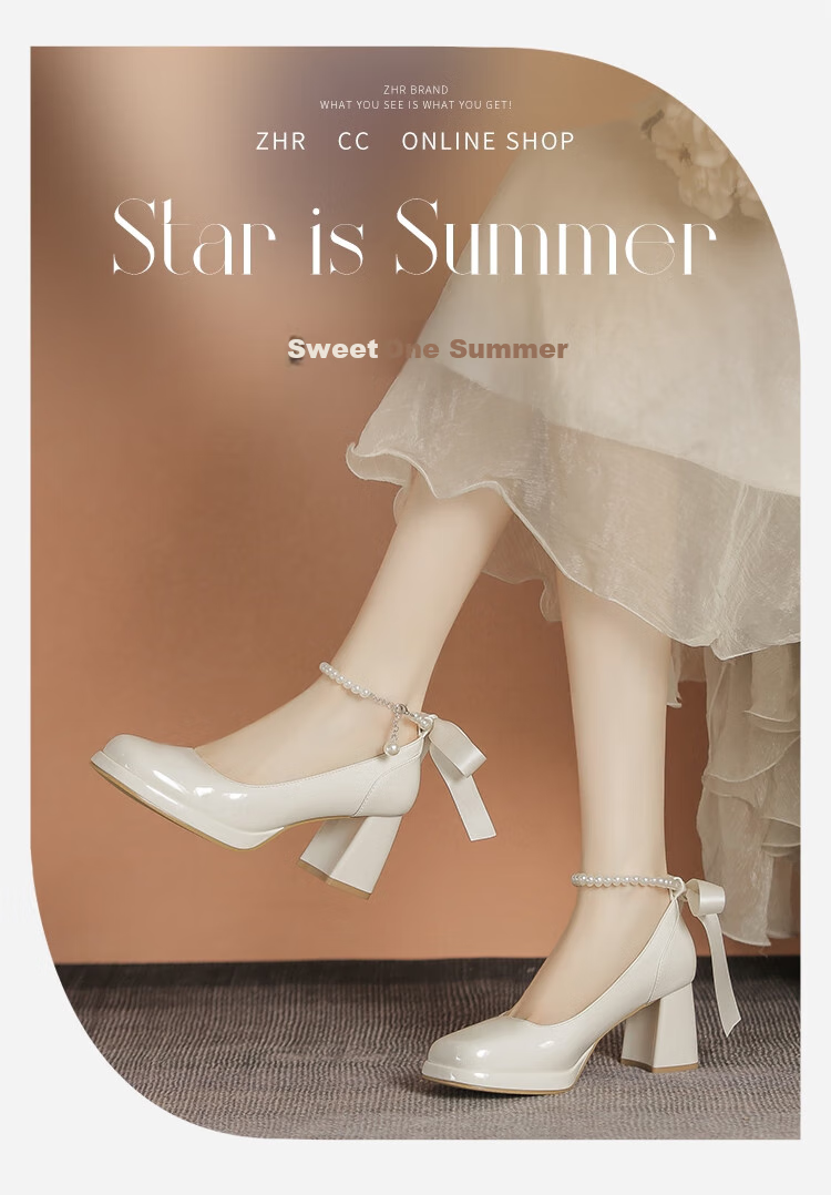 ZHR Women's Single Shoes, Summer Elegant Heightening Mary Jane Shoes, Pearl Comfortable Women's Shoes, EH69, Beige, Size 34 1
