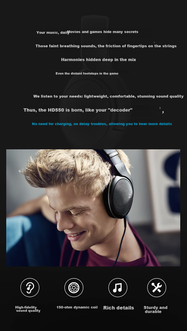Sennheiser HD550 Wired Headphones, Open-Back HiFi Headphones, Over-Ear High-Fidelity Music And Gaming Headphones, Gift 2