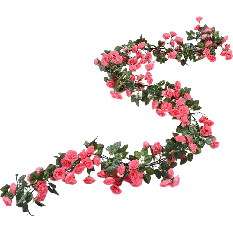 Shengshitaibao Artificial Rose Plastic Flower Vine, Fake Hanging Plant Vine, Green Leaf Decorative, 69 Pieces in Rose Red