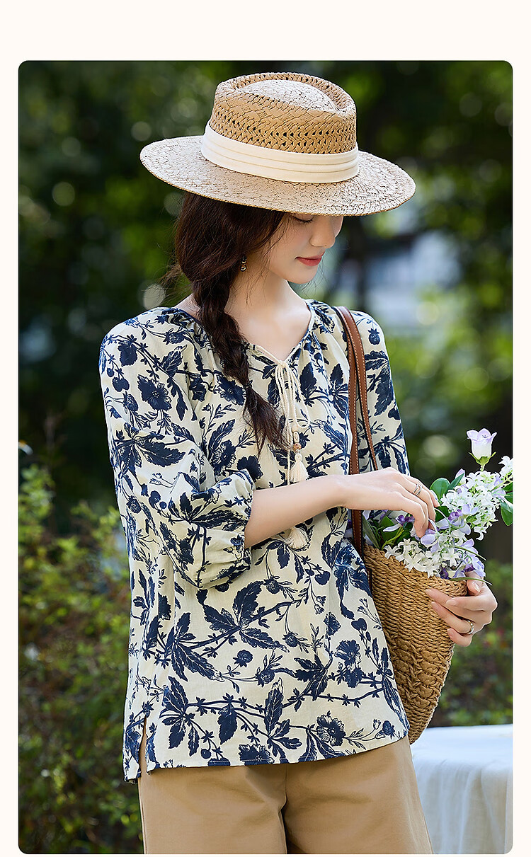 Dme [Yihua Yishijie] Summer Comfortable Pure Cotton Printed Shirt with Tie-Up Collar And Three-Quarter Sleeves Women's Blouse Top 2