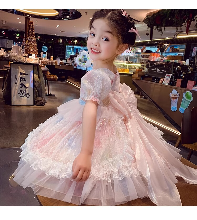 Anneyol Girls' Princess Dress Summer Outfit Stylish Children's Lolita Tulle Dress with Puff Sleeves, Pink, Size 160 17