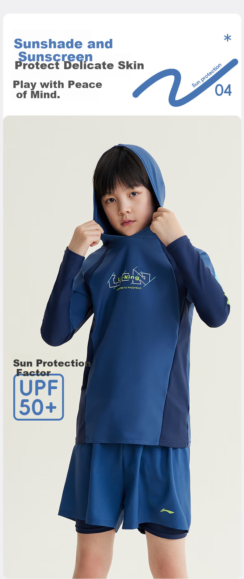 Li-Ning Children's Swimwear, Boys' Long-Sleeve Sun Protection Two-Piece Surfing Suit, Patterned Swim Trunks, Hot Spring Swimming Gear, 8031 Blue, Size 160 7
