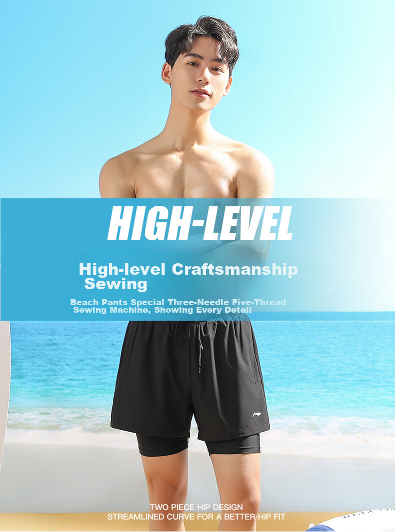 Li-Ning Swimming Trunks for Men, Sports Casual Quick-Dry Knee-Length Swim Shorts, Anti-Exposure Beach Vacation Shorts, 739 Black L 6