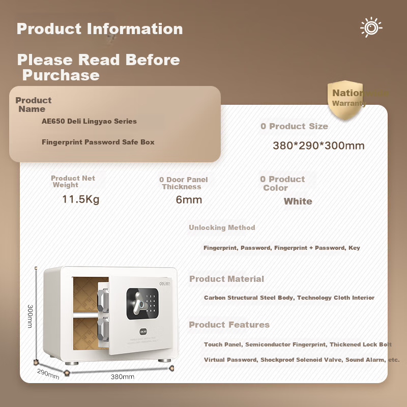 Deli Safe Box with Fingerprint And Password Lock for Home And Office Use, Small Size for Wall Or Cabinet Storage, Lingyao White AE650 Height 30cm