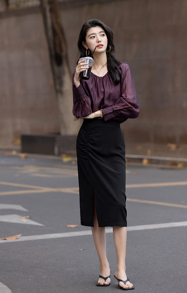 Dme [Monet Purple Series] Autumn Wrinkled Shiny Silk Blouse, Pleated V-Neck Short Front Long Back Shirt, Women's Top 10