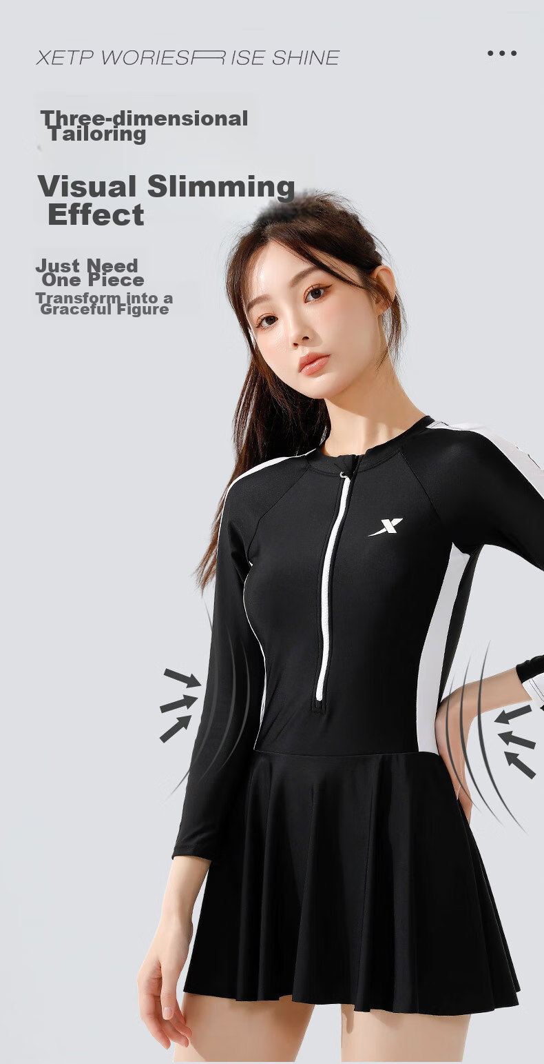 XTEP XTEP Summer One-Piece Swimsuit with Skirt for Women, Long-Sleeve Beach Hot Spring Swimwear, Black, Size L 4