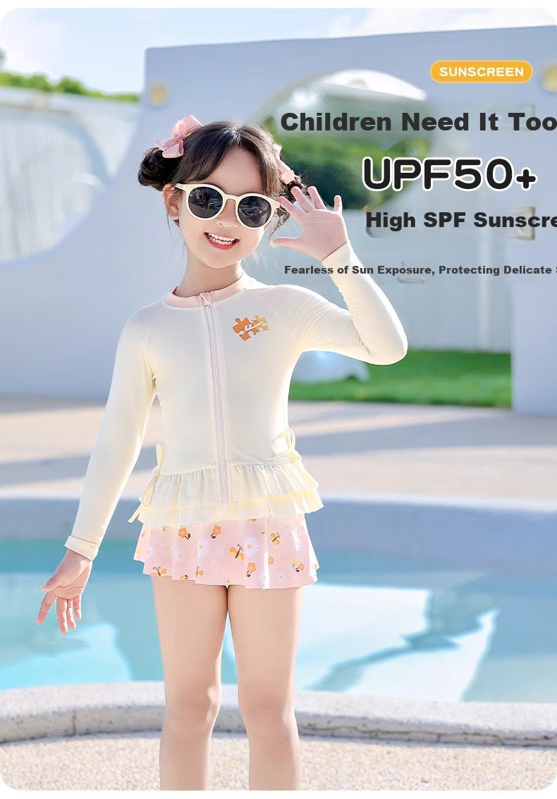 Huili Children's Swimsuit, Girls' Two-Piece Set, for Small to Large Kids, Baby Hot Spring Play Swimming Three-Piece Set, 35150 Off-White 2XL 2