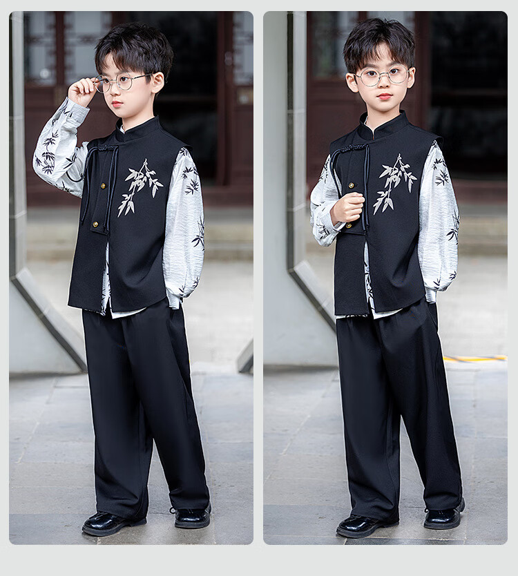 Radish Beibei Boys' New Chinese Style National Vest Set Children's Ancient Style Hanfu Performance Costume Black Two-Piece Set Size 150 3
