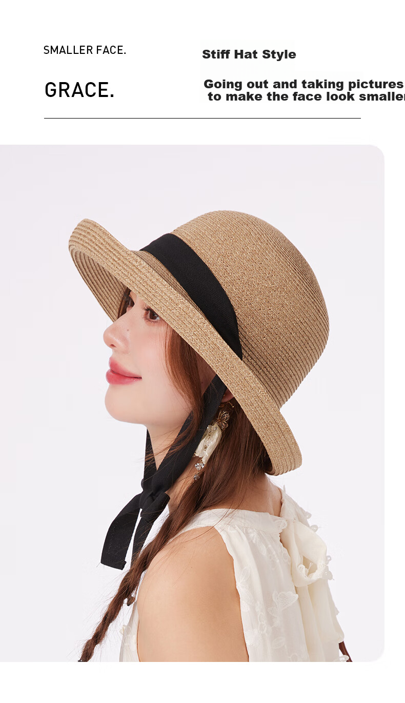 CACUSS Straw Hat for Women, Summer Sun Hat, French Elegant Style, Face-Slimming Effect, Rear Split with Bow, Beige 4