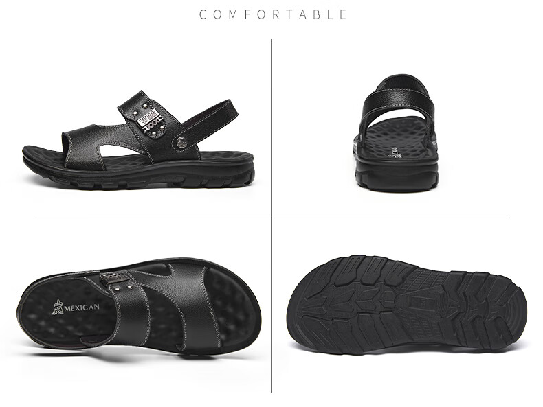 MEXICAN Men's First Layer Cowhide Sandals Beach Slip-On Hollow Out Shoes Black Size 44 26