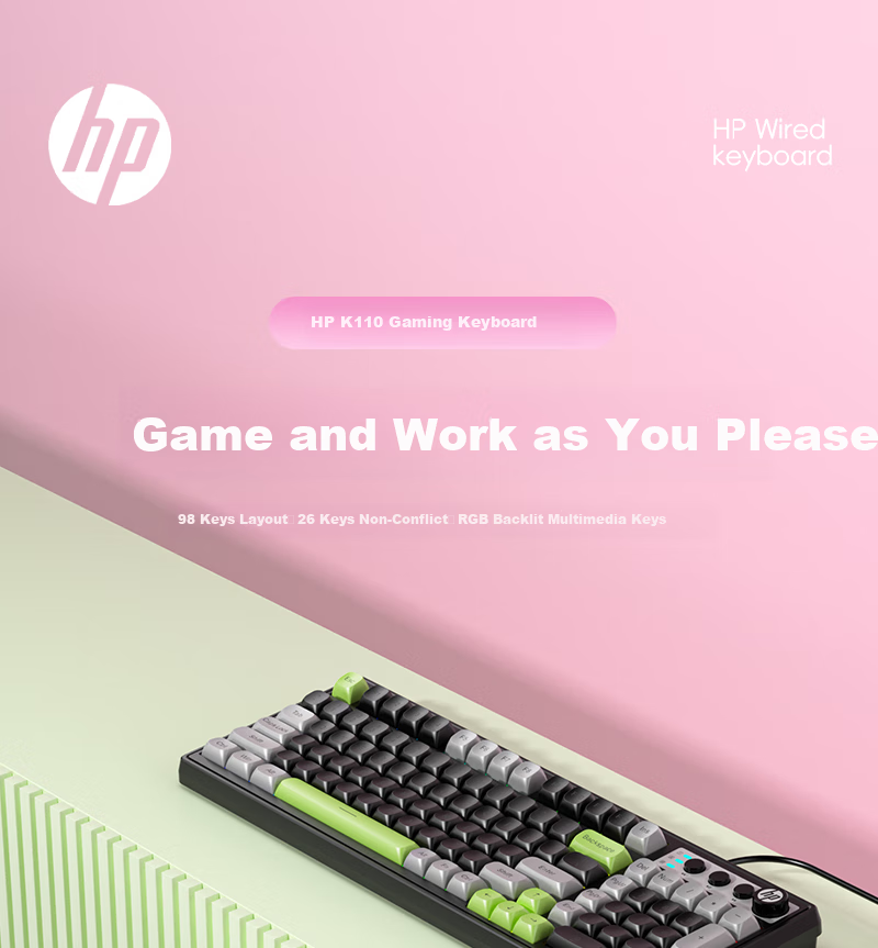 HP K110 Mechanical Feel Keyboard, Black-Gray Tri-Color, 98-Key Layout, Wired USB Gaming Laptop, 26 Keys without Backspace 1