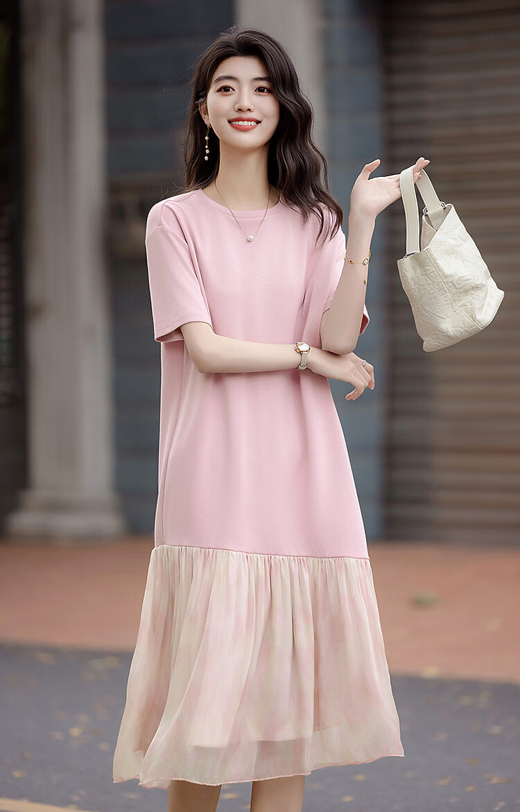 Demana Weekend Casual Summer French Style Round Neck Loose Waist Short Sleeve Printed Patchwork T-Shirt Dress for Women 8