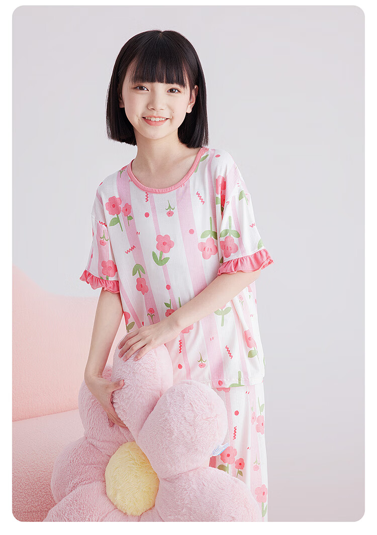 DEESHA [Ice Silk Smooth] Girls' Spring And Summer Pajamas, 7A Antibacterial Thin Short-Sleeve Top And Capri Pants, Air Conditioning Wear, Children's Loungewear 11