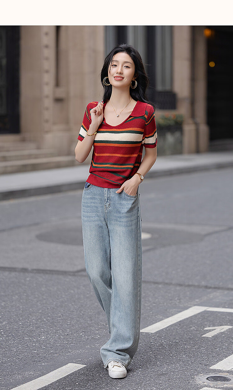 Dme [Tangguo Duoban] Summer Youthful Cool Ice Silk Contrasting Striped V-Neck Sweater Women's Top 19