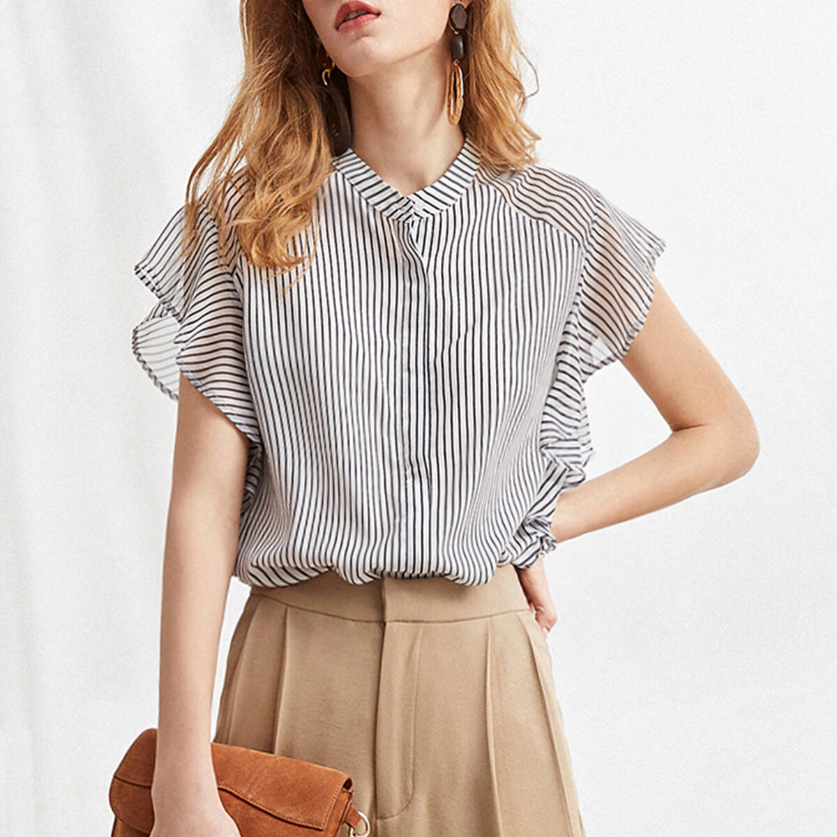 Dme [Half-Transparent Patchwork] Summer Chiffon Spliced Chiffon Pleated H-Shaped Ruffle Blouse for Wome 1