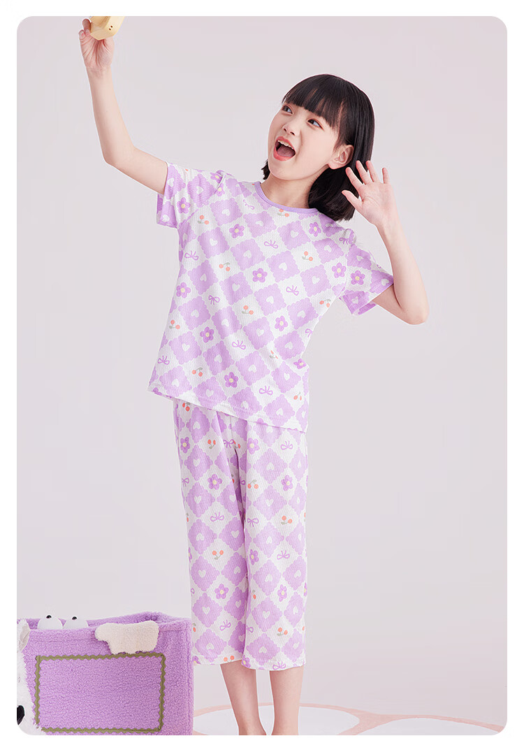 DEESHA Girls' Pajamas, Spring And Summer Thin Mesh Breathable Antibacterial Pure Cotton Air Conditioning Wear, for Older Children's Home Wear Set 6