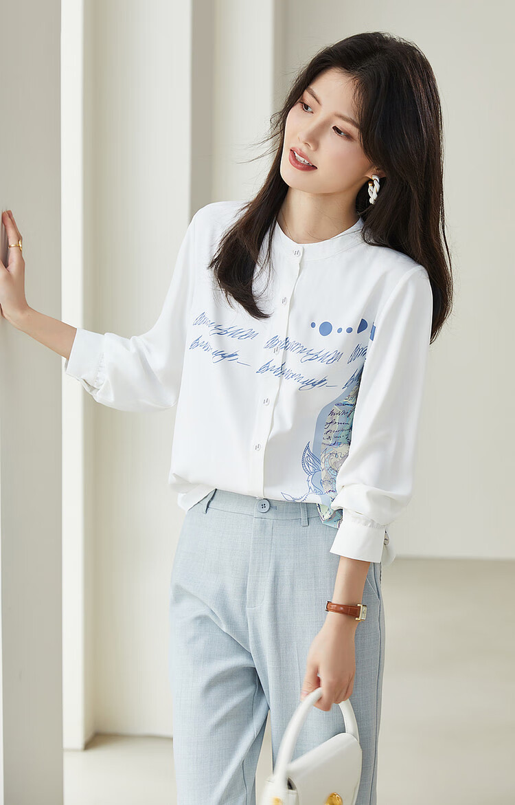 Dme [Romantic Paris] Spring And Autumn Round Neck Chiffon Blouse, Long Sleeve Printed Shirt, Women's Top 10