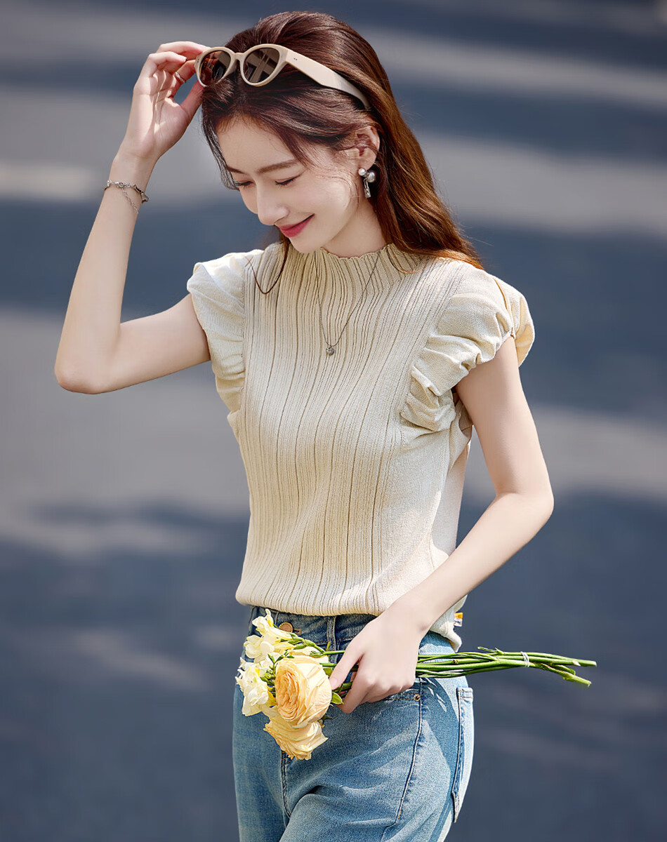Shangjing Women's Summer Knitwear New French Elegant Puff Sleeve Slim Fit Short Sleeve T-Shirt Top 1