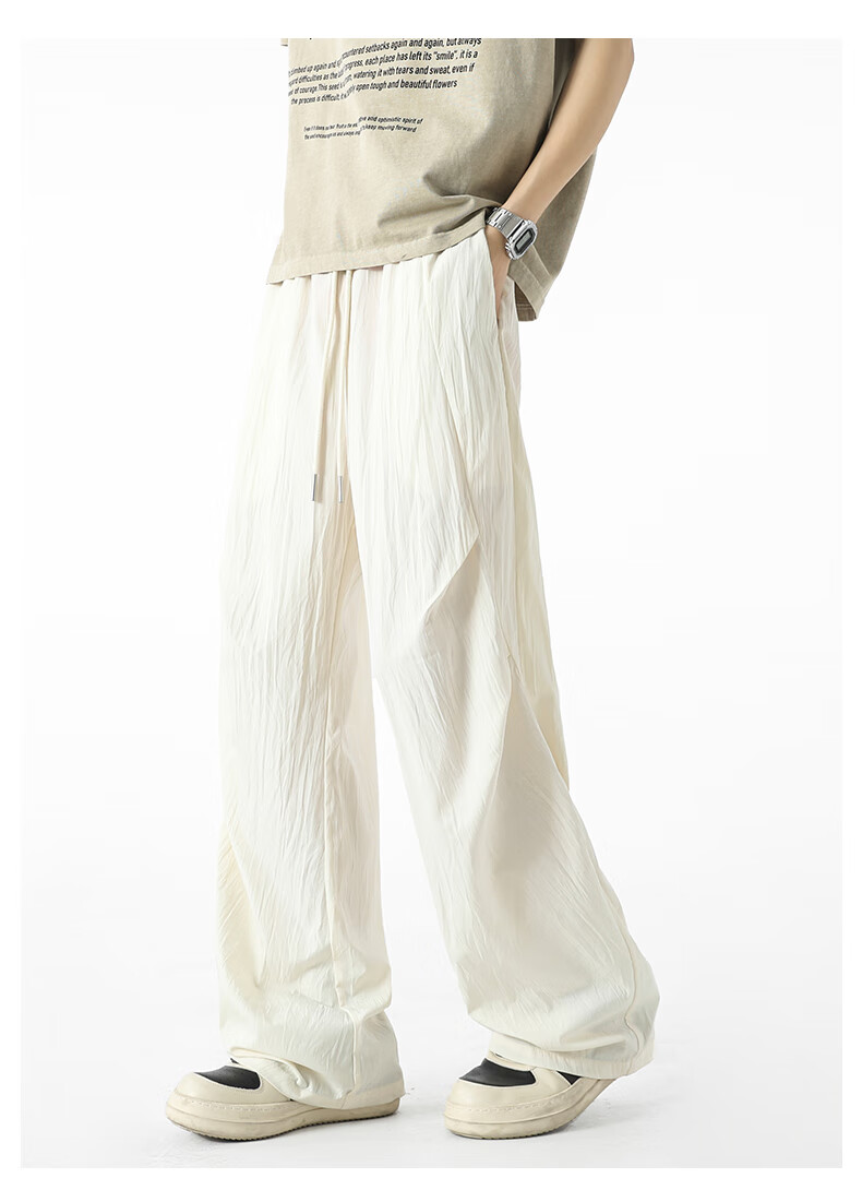 SWAMP AREA Wrinkled Ice Silk Pants for Men, Summer Lightweight American High Street Paratrooper Pants, Loose Straight-Leg Trousers KS51 Warm White 4XL 11