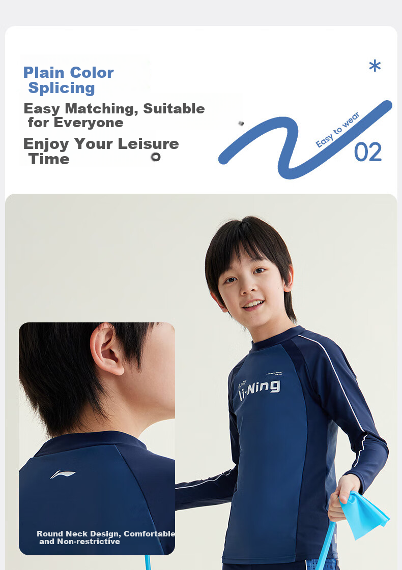 Li-Ning Children's Swimwear, Boys' Long Sleeve Sun Protection Two-Piece Surfing Suit, Patterned Swim Trunks, Hot Spring Swimming Gear, 8101 Blue, Size 140 3