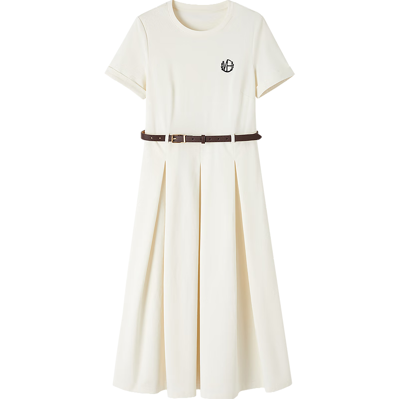 Demana [220G Sorona] Summer Round Neck Waist-Cinched Short Sleeve Flared Embroidered Mid-Length Women's Dress