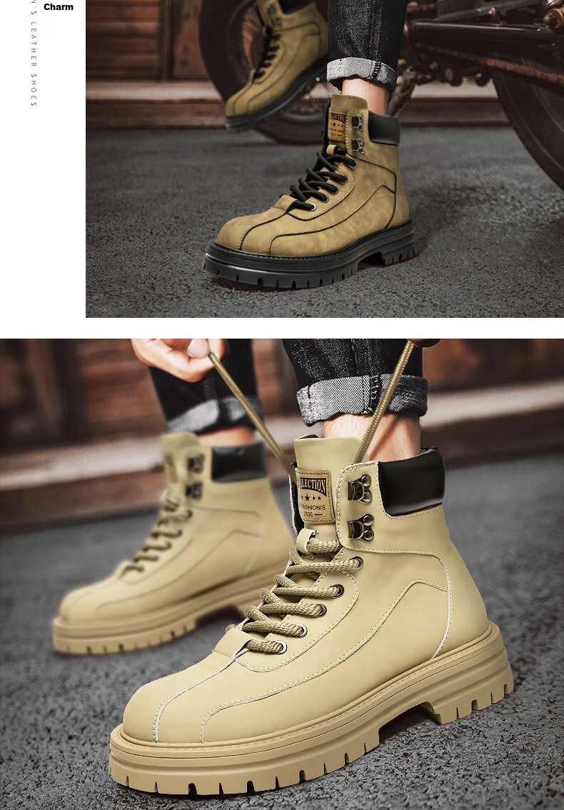 G.N.Shi Jia Men's Martin Boots, New Winter Style with Fleece Lining for Warmth, Outdoor Thick-Soled Height-Increasing Wear-Resistant Genuine Leather Work Boots for Me 11