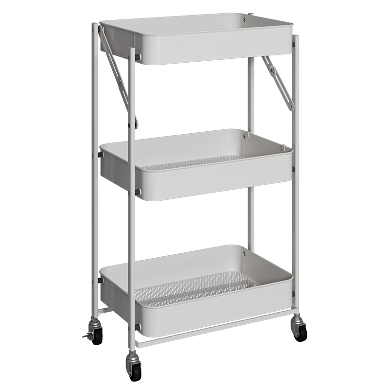 COOKER KING Kitchen Storage Rack, Three-Tier, No Installation Required, Foldable Cart Shelf, Floor-Standing Storage Rack for Kitchen, Magnolia White