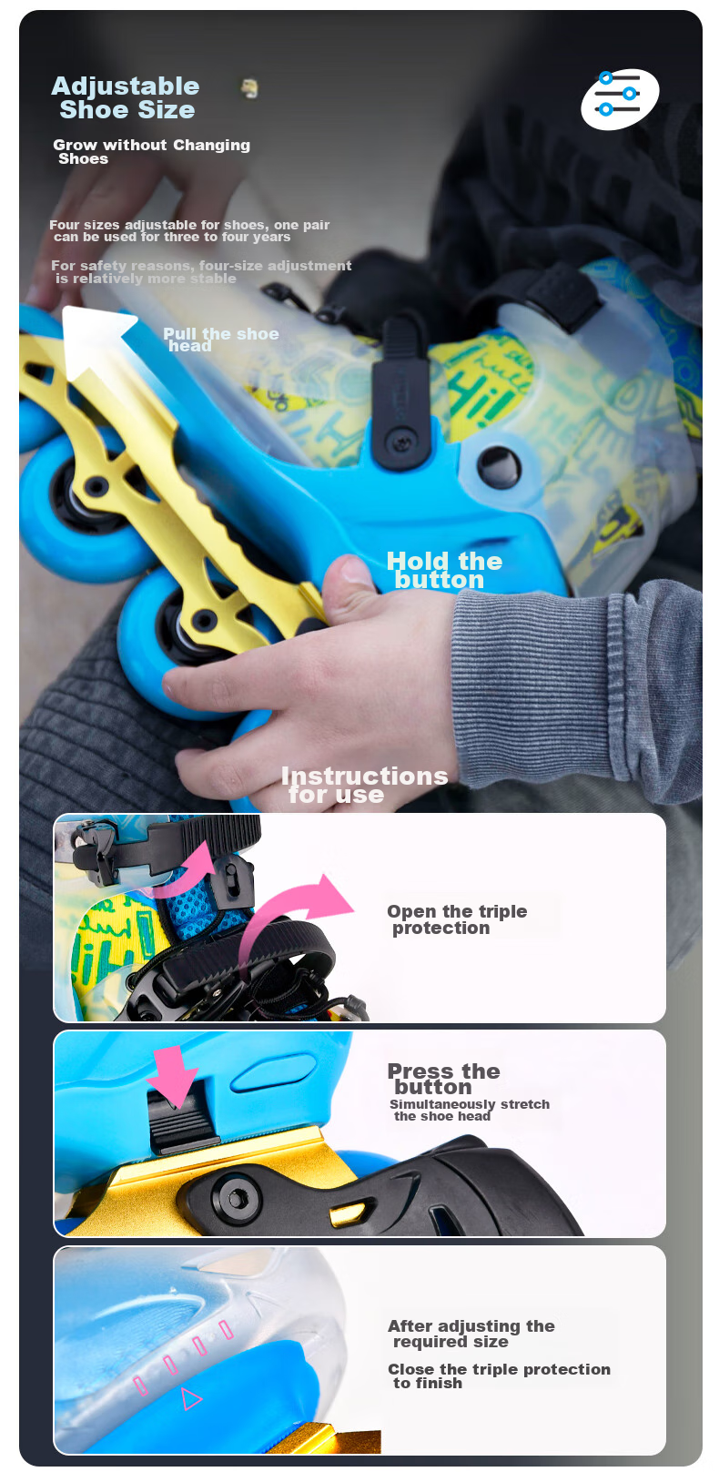 Micro Maiguo Roller Skates for Children, Boys And Girls, Beginner's Inline Skates with Adjustable Wheels, Hard Shell, Figure Skating Style, S7 Blue Package, Size M 8