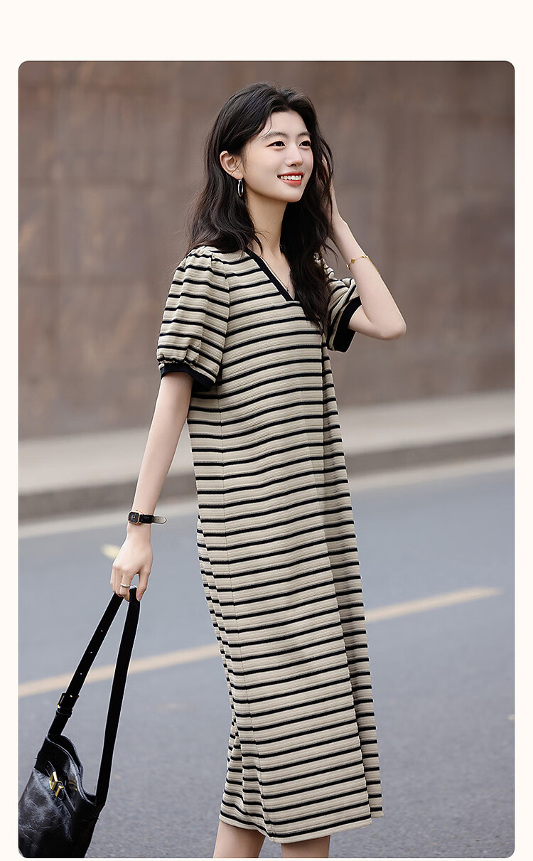 Demana Women's Summer V-Neck Striped Puff Sleeve Ribbed Splice Loose Knit Dress with Soft Cloud Cotton 3