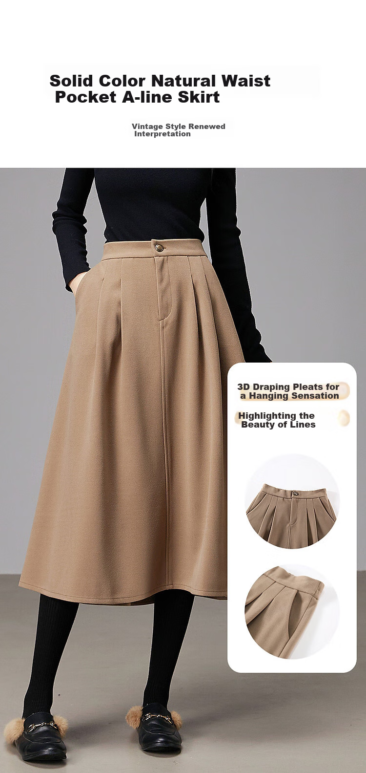 Dme A-Line Skirt, Winter Commute Mid-High Waist Solid Color A-Line Skirt Casual Midi Skirt, Black, M 1