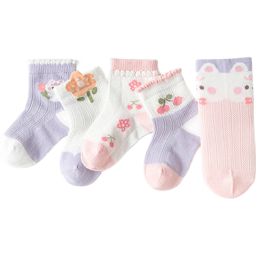 BALABALA Children's Socks, Baby Summer Mesh Thin Socks, Breathable Infant Short Socks, Cold-Proof Jacquard Design, 5 Pairs Pack, Class A Quality
