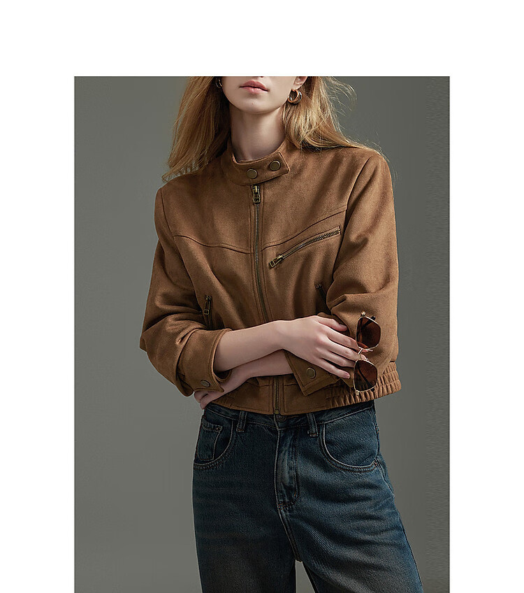 Dme [Wake Up Wild] Autumn Motorcycle Style Stand Collar Faux Suede with Split Line Elastic Hem Jacket for Women, Short Style 9
